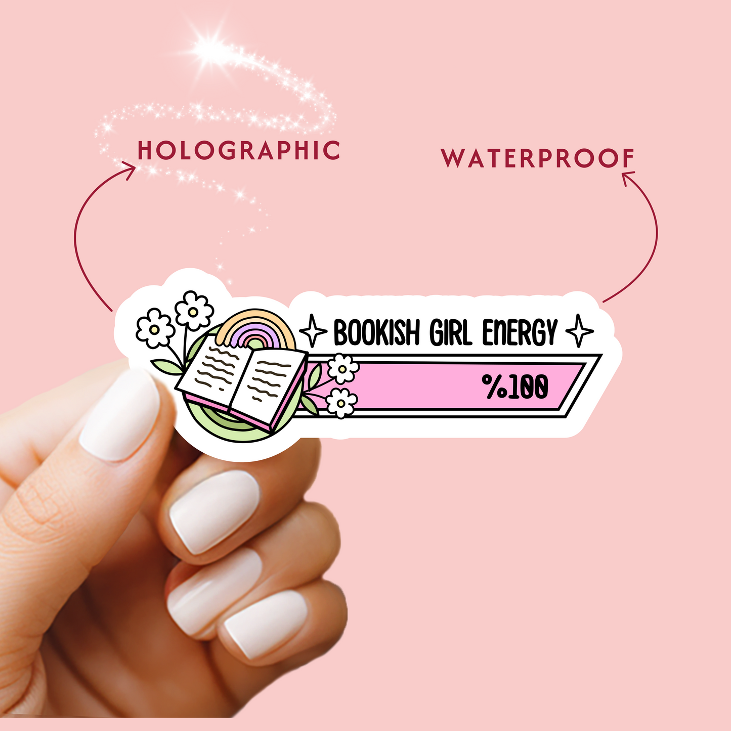 Bookish Girl Energy Holographic Vinyl Sticker | Bookish Romance Reader Kindle Sticker