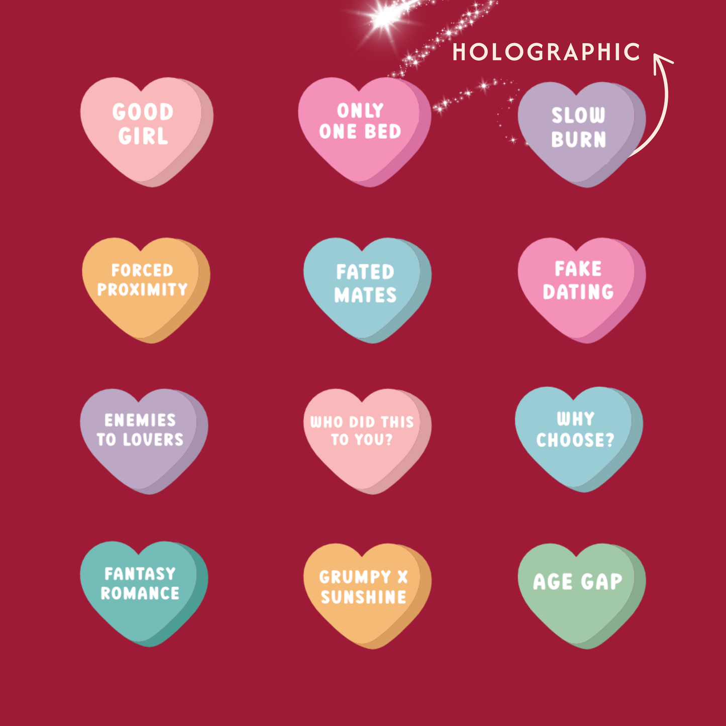 Bookish Conversation Hearts Holographic Vinyl Sticker