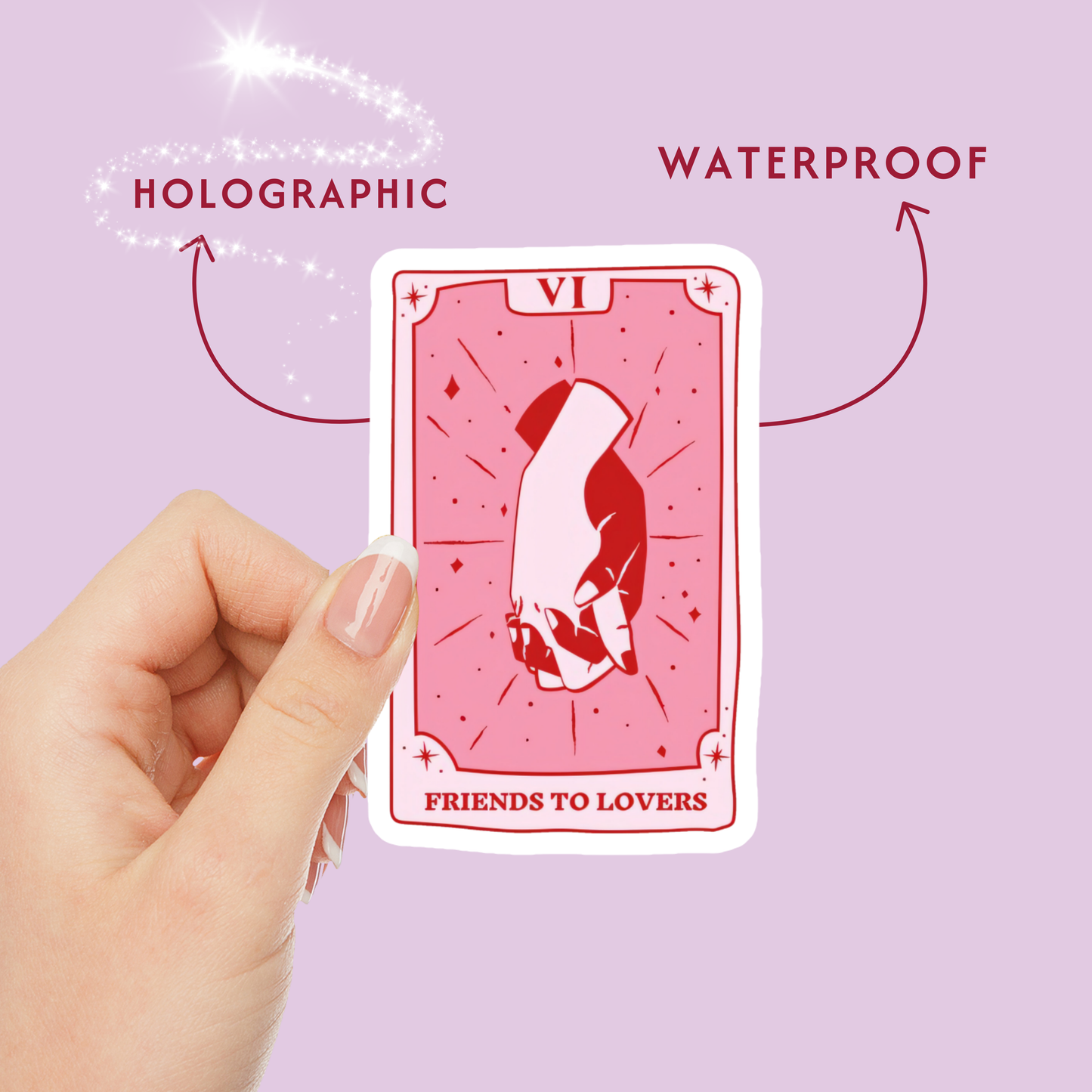 Tarot Cards Pink Holographic Vinyl Sticker (Friends to Lovers, Death by TBR, Slow Burn)
