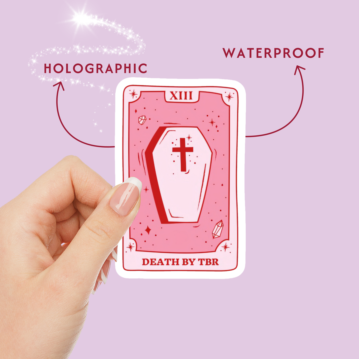 Tarot Cards Pink Holographic Vinyl Sticker (Friends to Lovers, Death by TBR, Slow Burn)