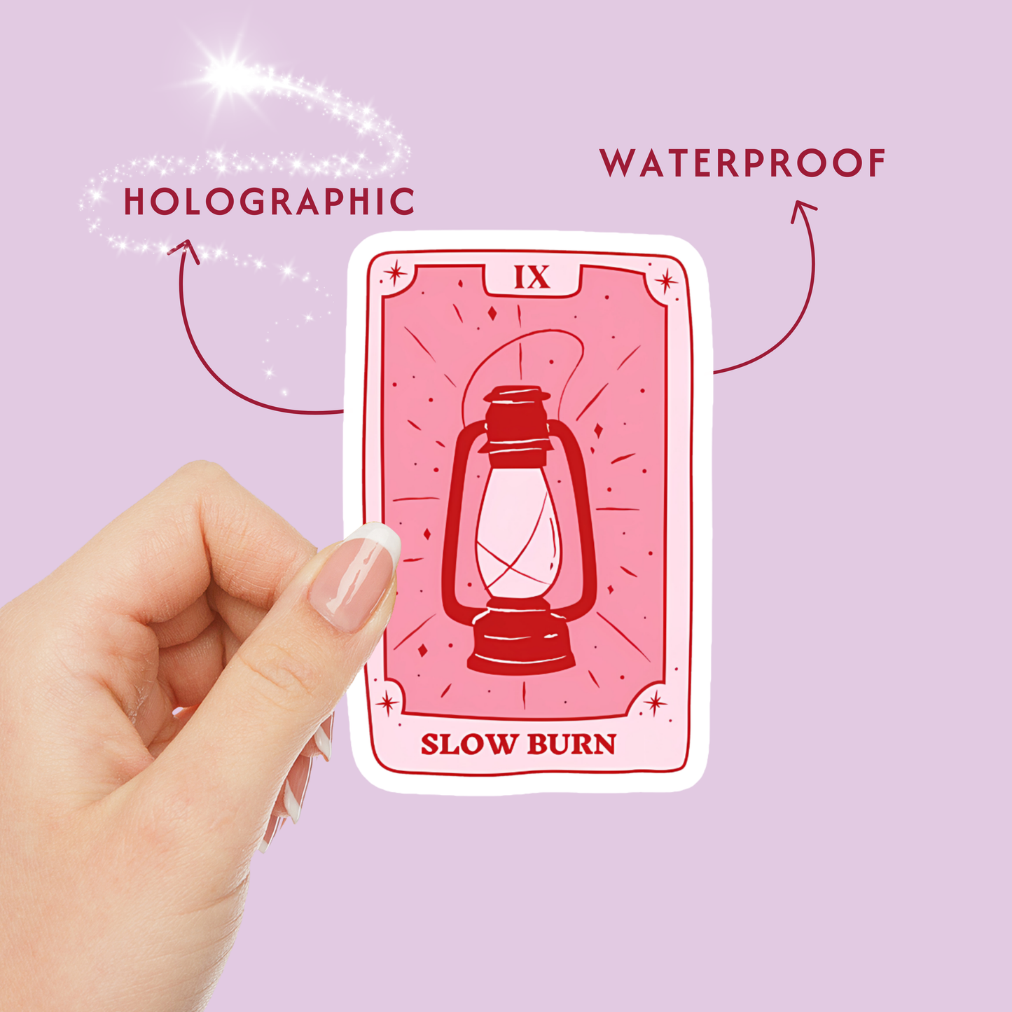 Tarot Cards Pink Holographic Vinyl Sticker (Friends to Lovers, Death by TBR, Slow Burn)