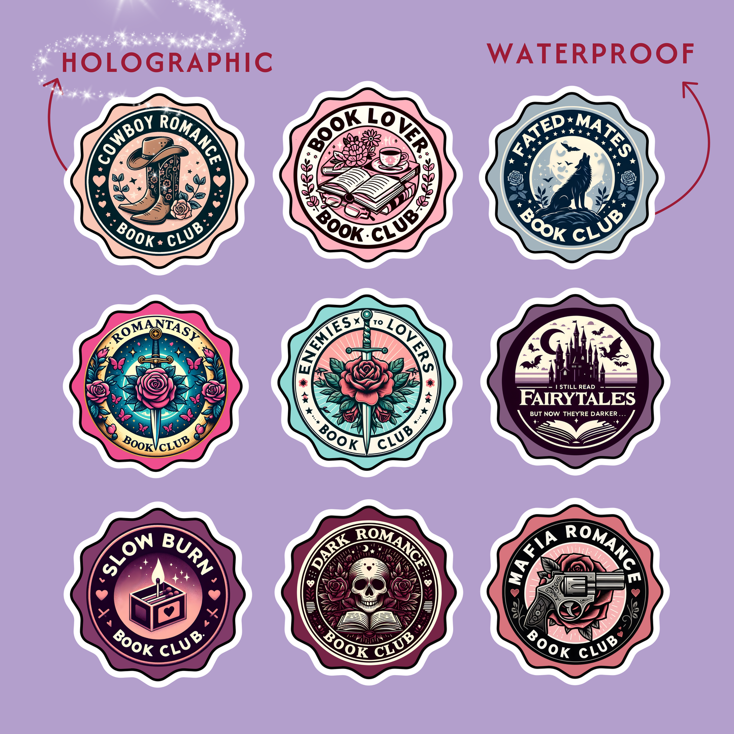 Romance Book Trope Book Club Vintage Stamp Holographic Vinyl Stickers