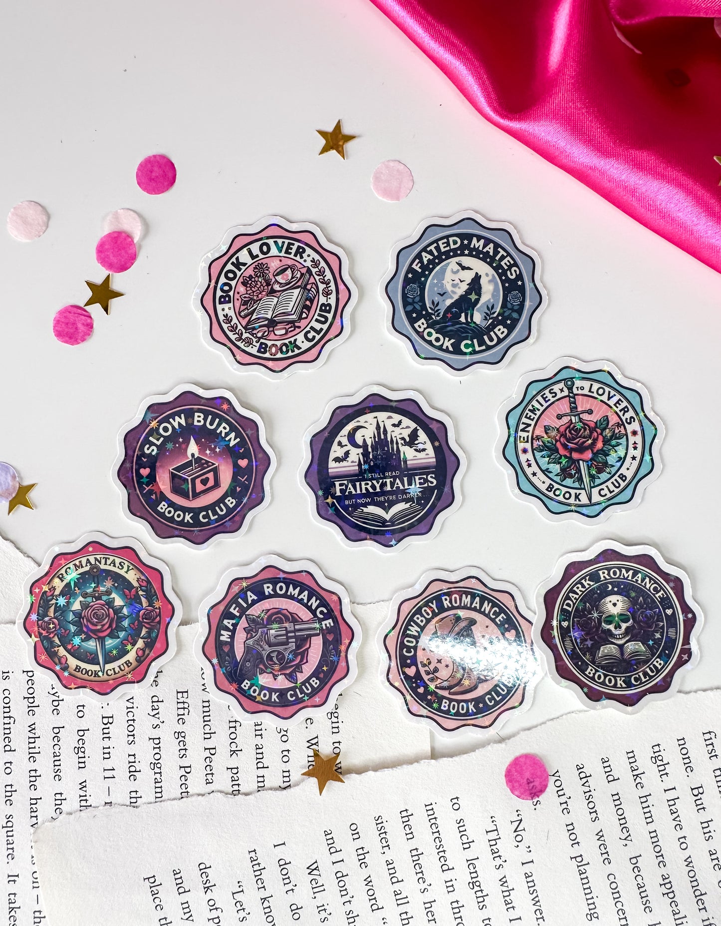 Romance Book Trope Book Club Vintage Stamp Holographic Vinyl Stickers