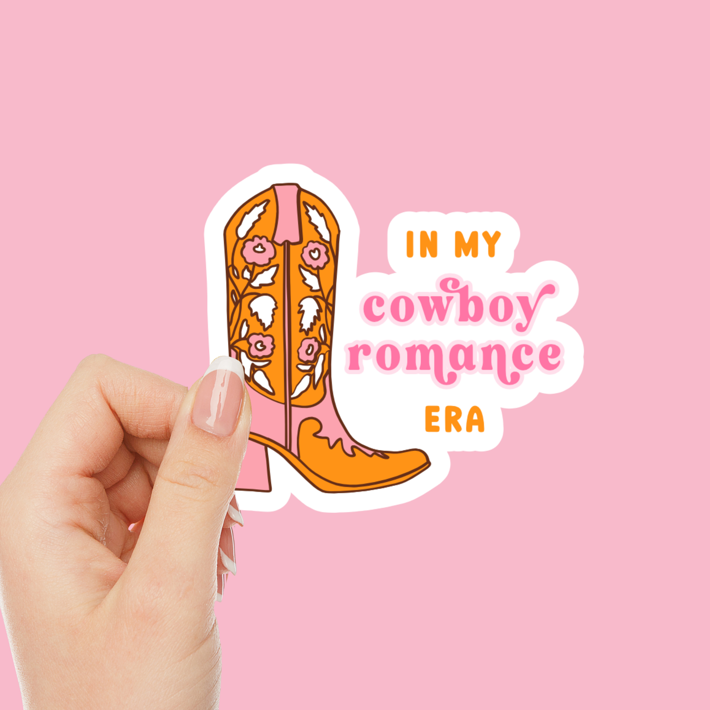 In my Cowboy Romance Era Orange and Pink Cowgirl Boot Vinyl Sticker