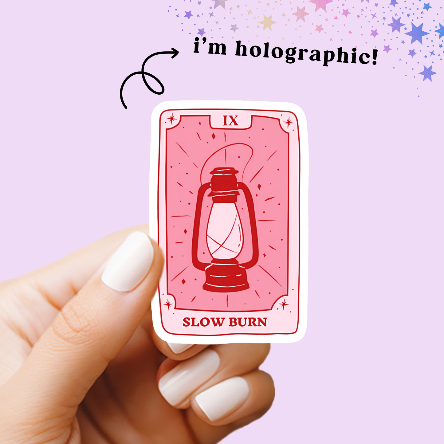 Tarot Cards Pink Holographic Vinyl Sticker (Friends to Lovers, Death by TBR, Slow Burn)