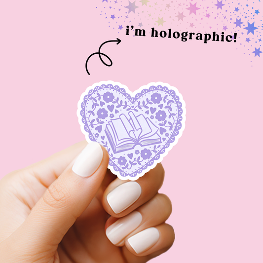 Bookish Vintage Heart Scalloped Edge Holographic Vinyl Sticker