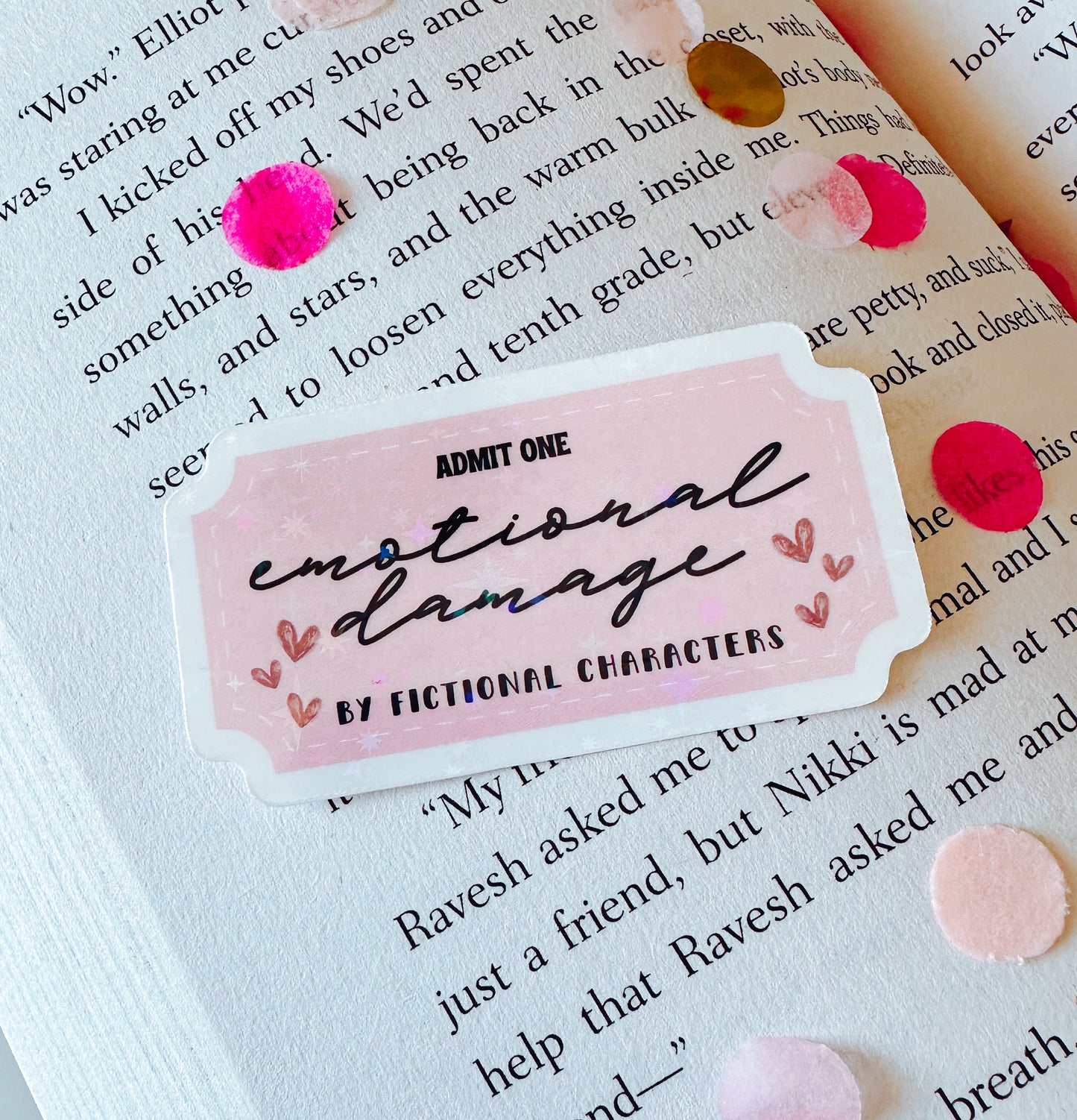 Emotional Damage by Fictional Characters Ticket Bookish Holographic Vinyl Sticker